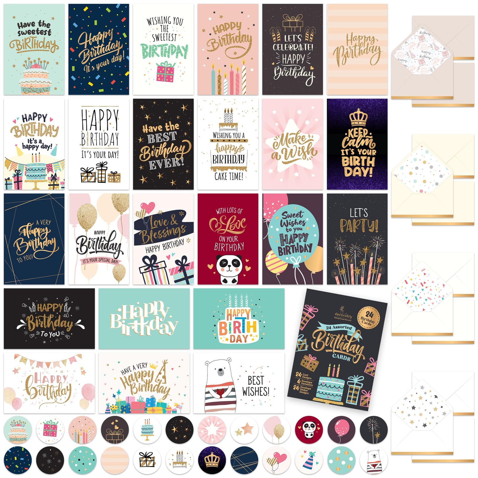 Decorably 24 Pack Foil and Glittery 6x4in Assorted Birthday Cards with Envelo…