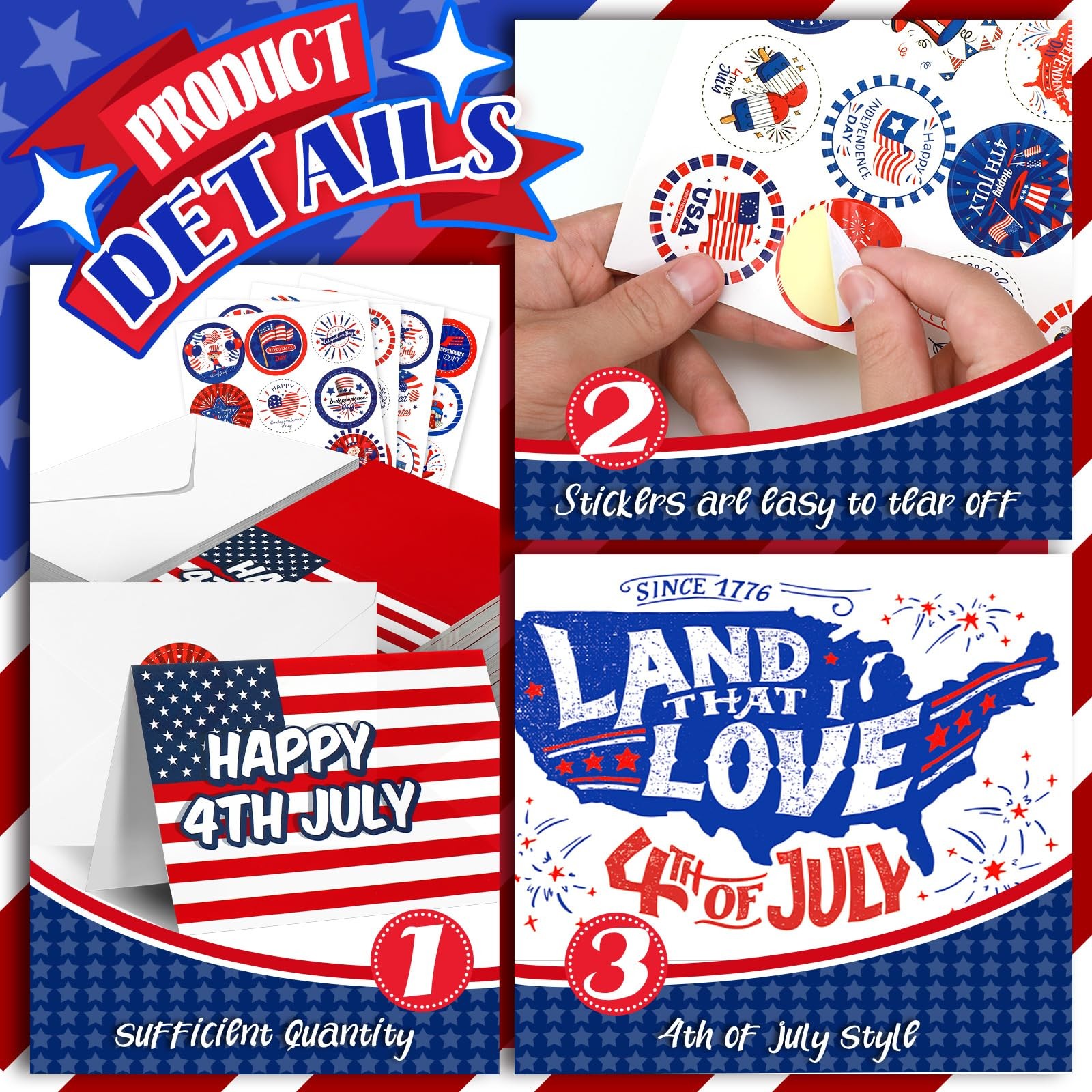 120 Pcs Patriotic 4th of July Greeting Card Bulk with 120 White Envelope and