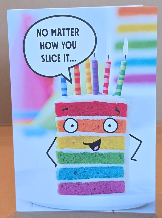 Birthday Card Funny Short To the Point Bday Message Rainbow Cake Silly Face