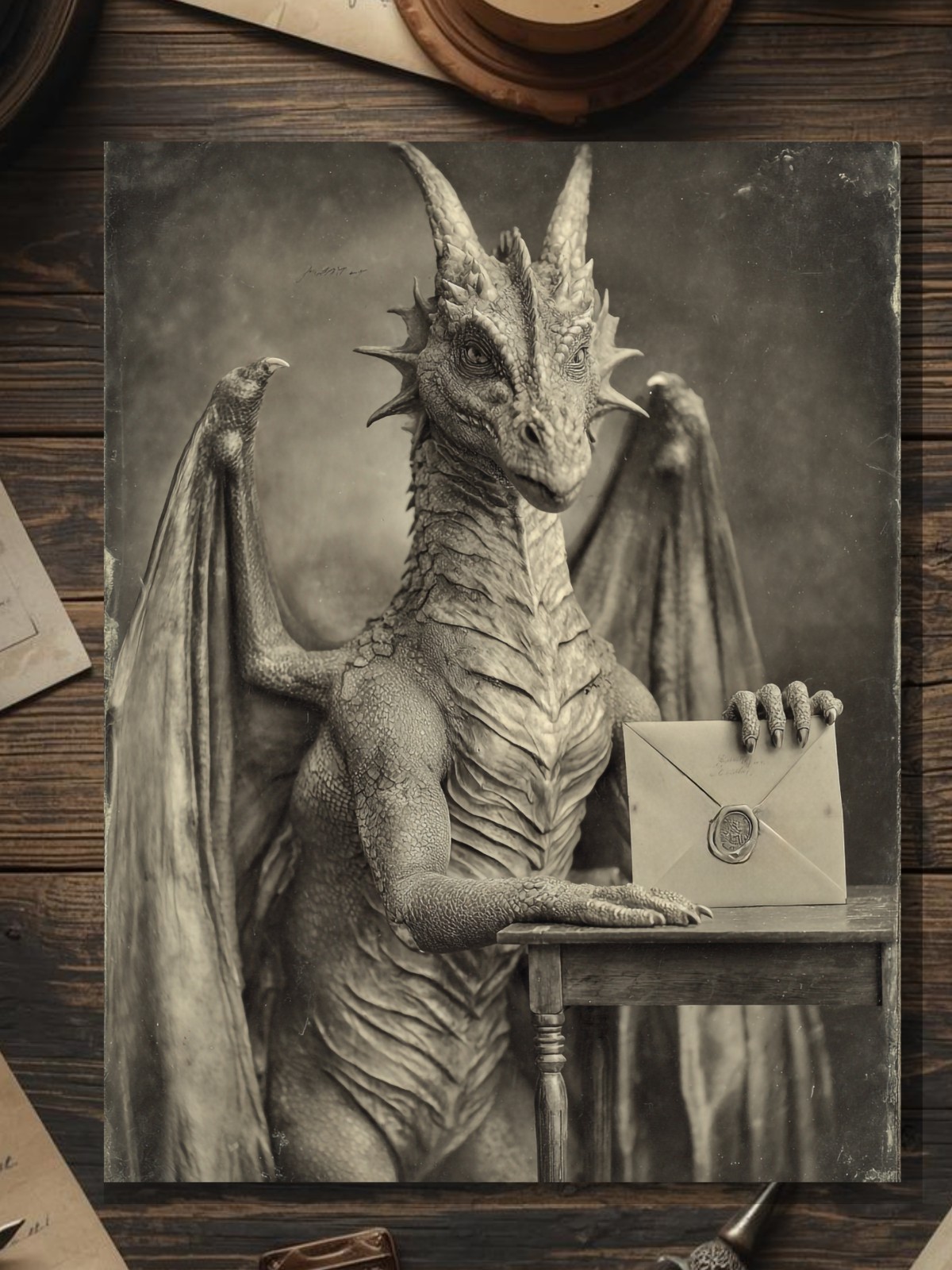 Vintage Dragon Love Letter Valentine Card Gothic Fantasy Art Antique Style Photo