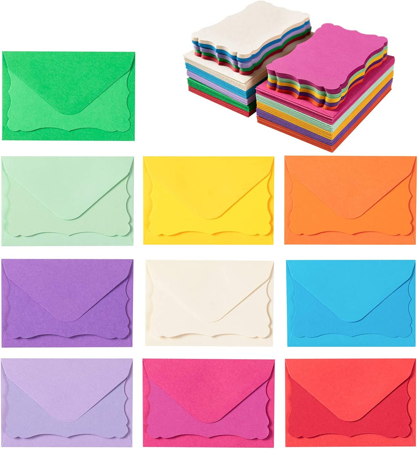 100 Pack Mini Envelopes with Blank Note Cards, Multicolored, 10 Colors | 4 X 2.7