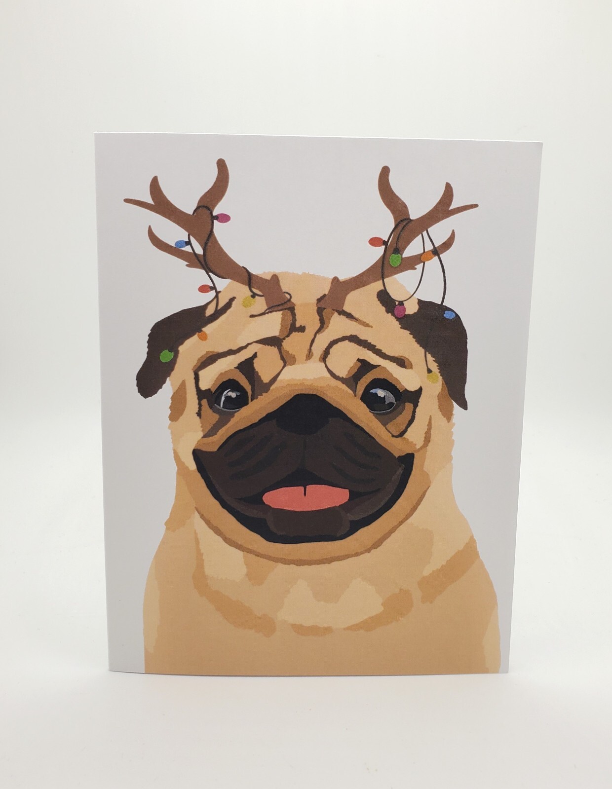 Pug Dog Hand-Drawn Reindeer Christmas Card with Envelope