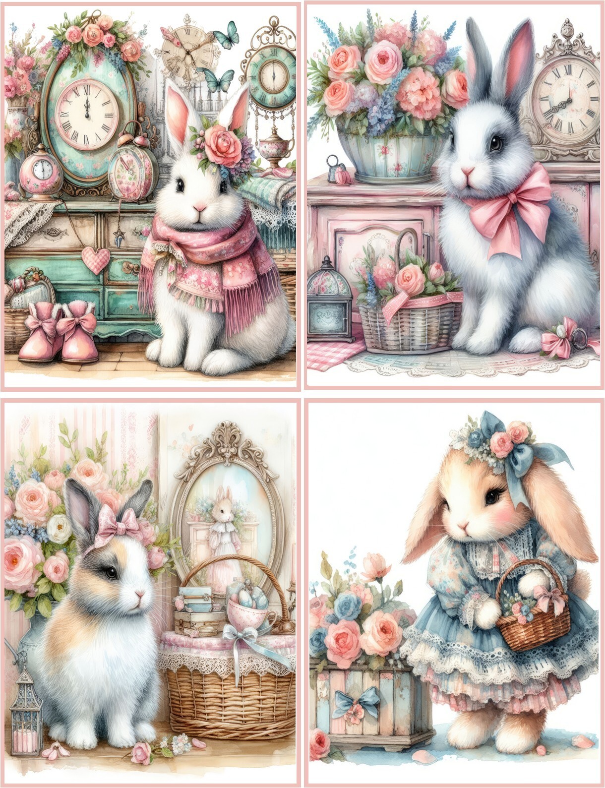 8 Bunny Rabbit Shabby Chic glossy blank fold out Note Card envelopes organza bag