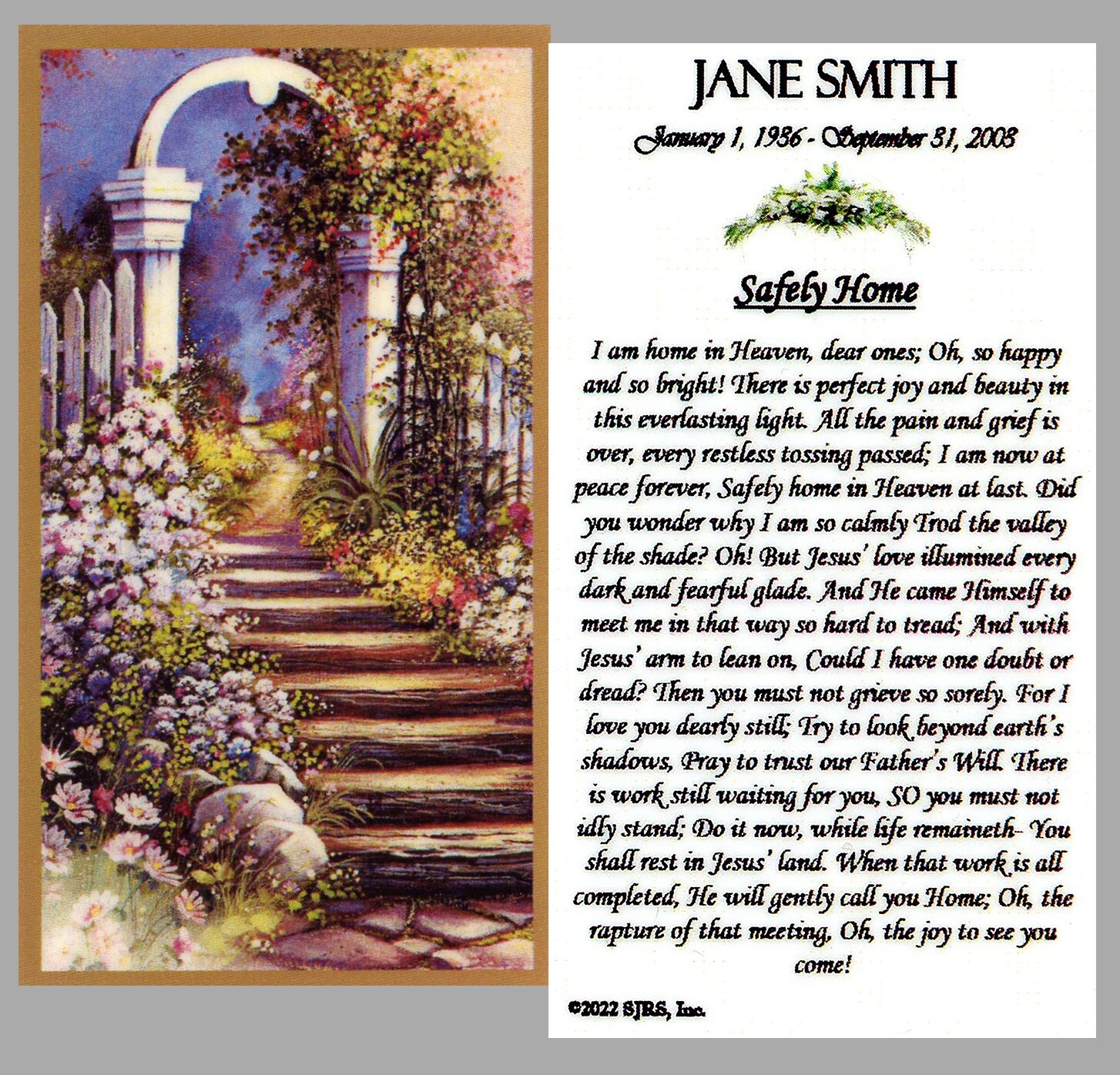 Safely Home Funeral Memorial Laminated Prayer Cards – Pack of 60