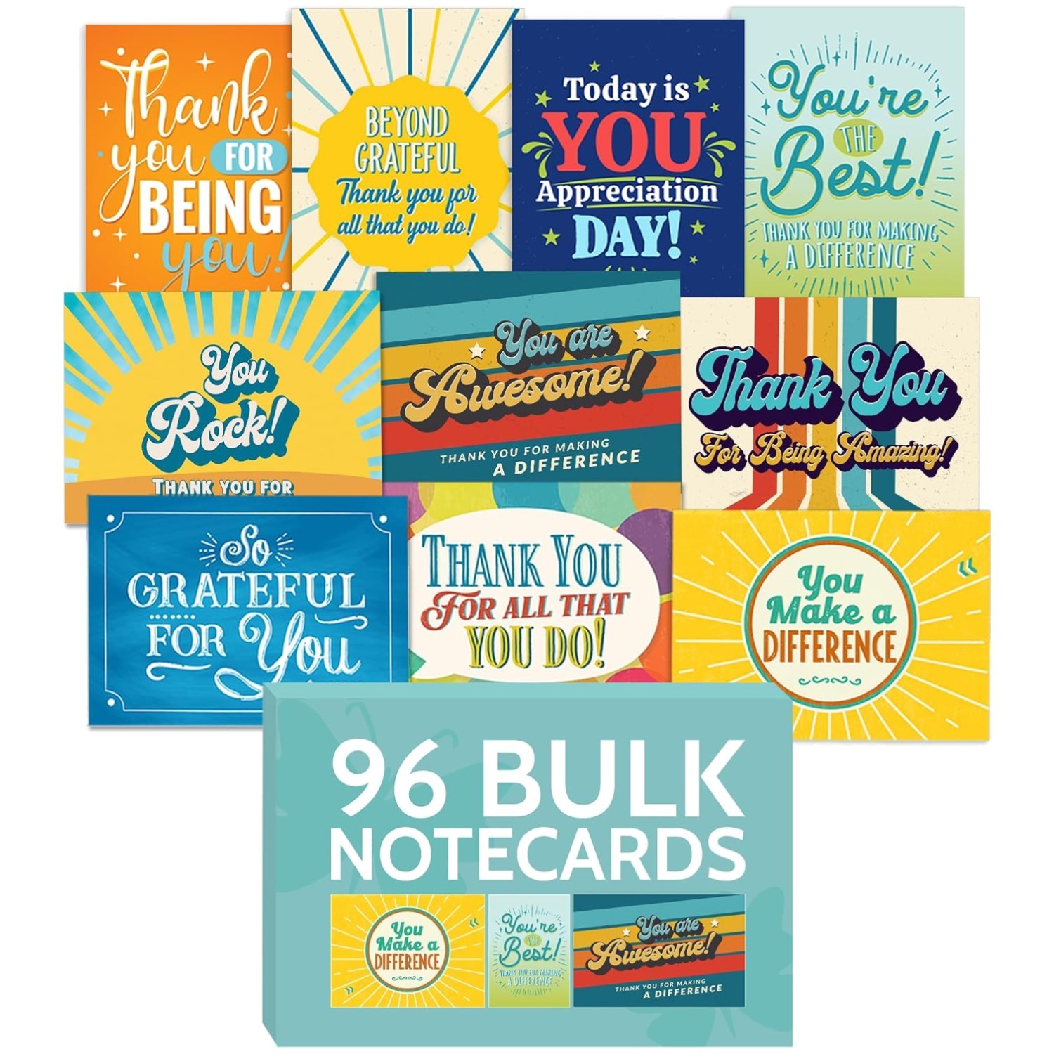 96 Appreciation Cards with Envelopes – Bulk Thank You Notes