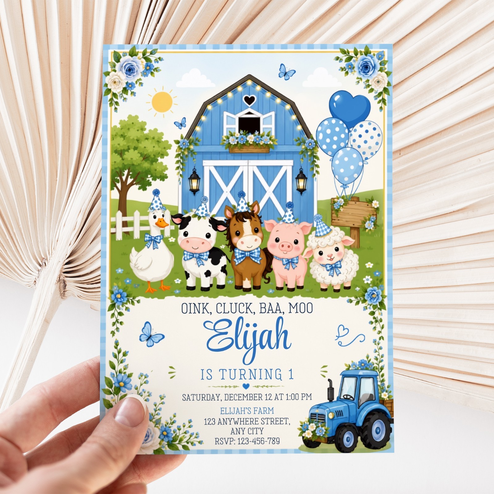 Farm Animals Birthday Invitation Editable Canva Template Printable 5×7