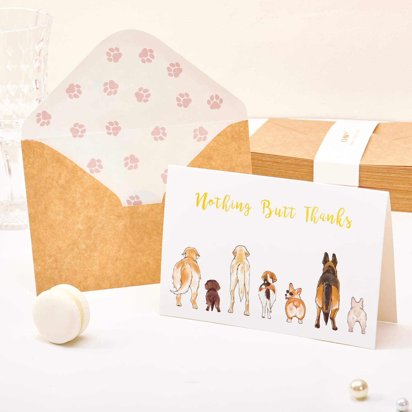 50 Count Dog Thank You Cards Nothing Butt Thanks Gold white and brown
