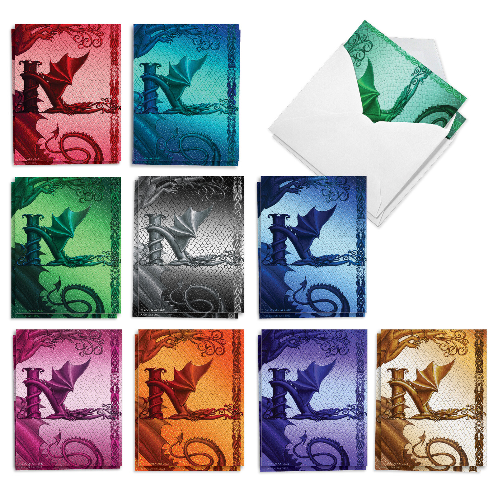 20 Assorted Blank Notes Set 4×5.12″ w/Envelope (10 Designs) Dragon Initials K
