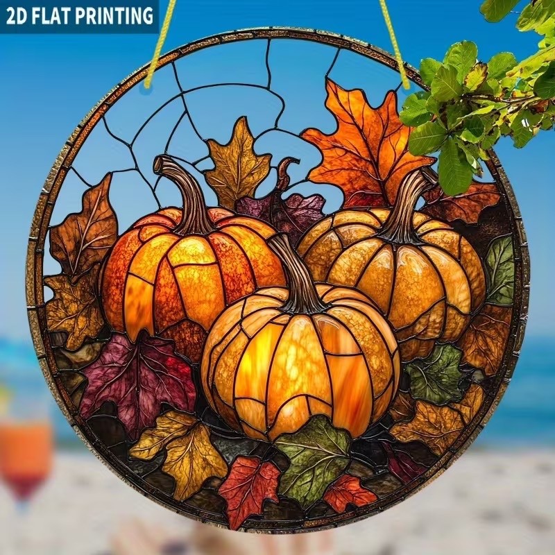 2D Flat Acrylic 3 Pumpkins Art Hanging Sun catcher 8″ Round -Window Decor