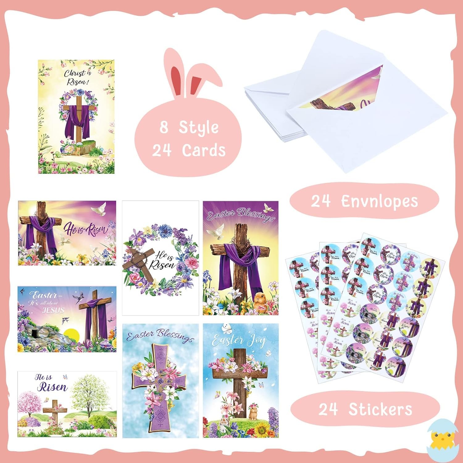 Easter Greeting Card Set with Envelopes and Stickers – 24 Religious Cards