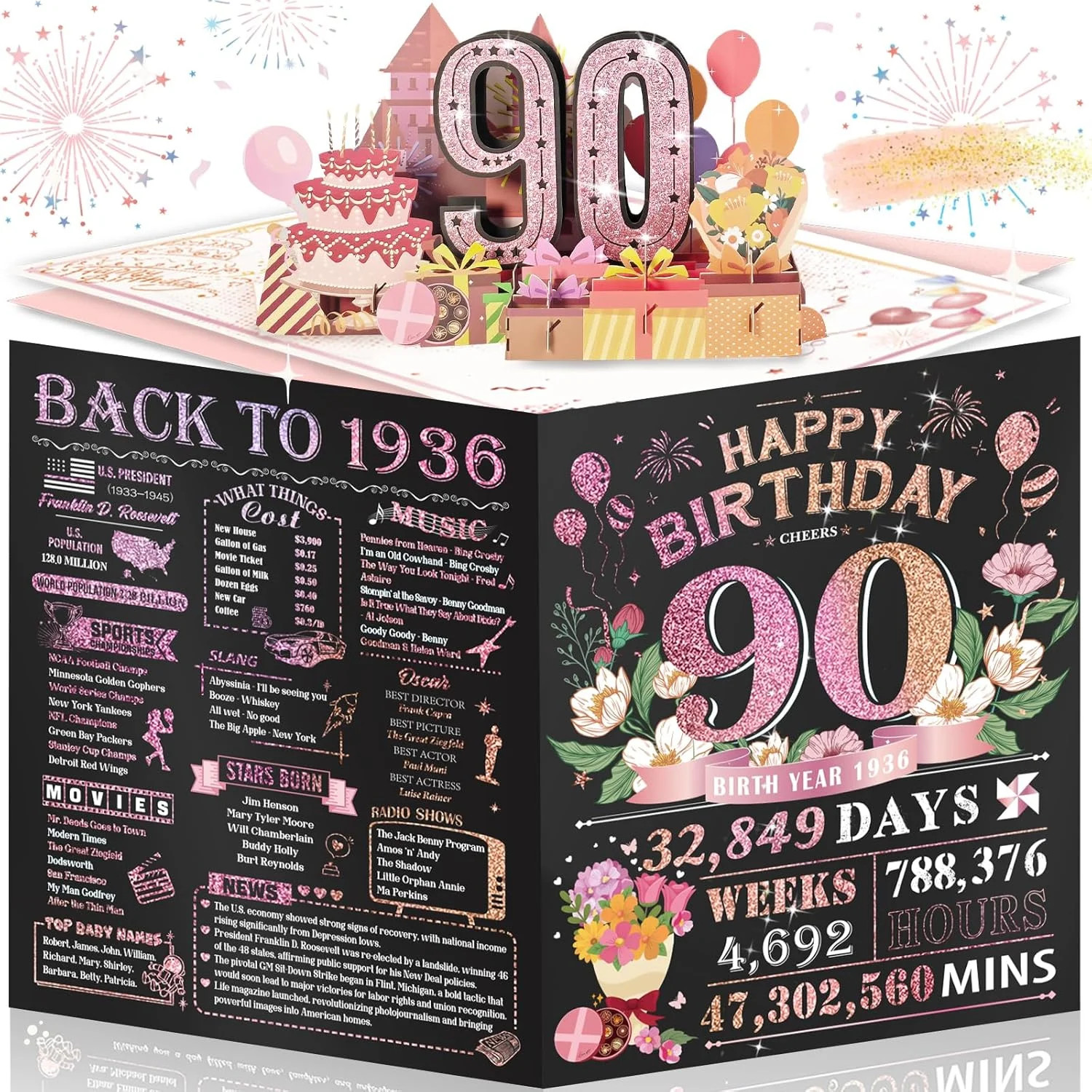 90th Birthday Card for Women Her, Large 3D Pop Up 90th Birthday cards for Mom Gr