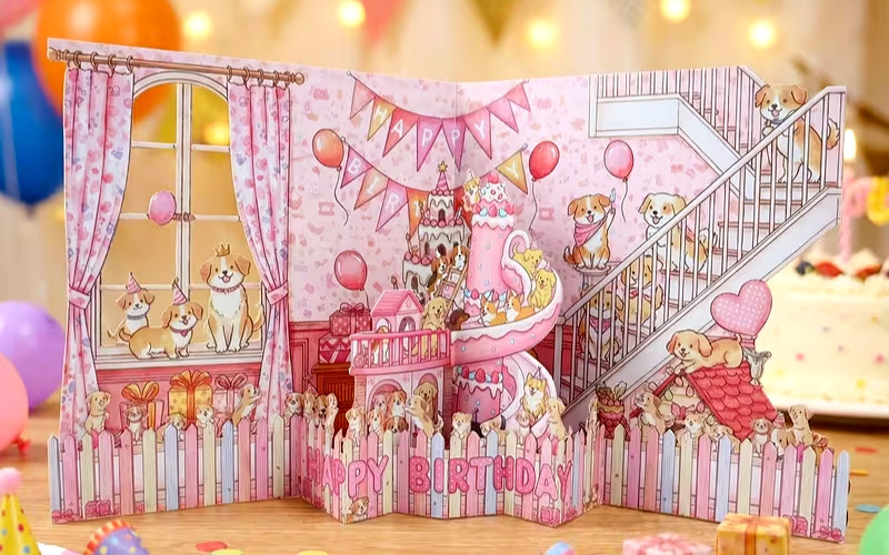 3D Pop-Up Birthday Greeting Card, Env., Note Card & Seal – Lots of Dogs Partying