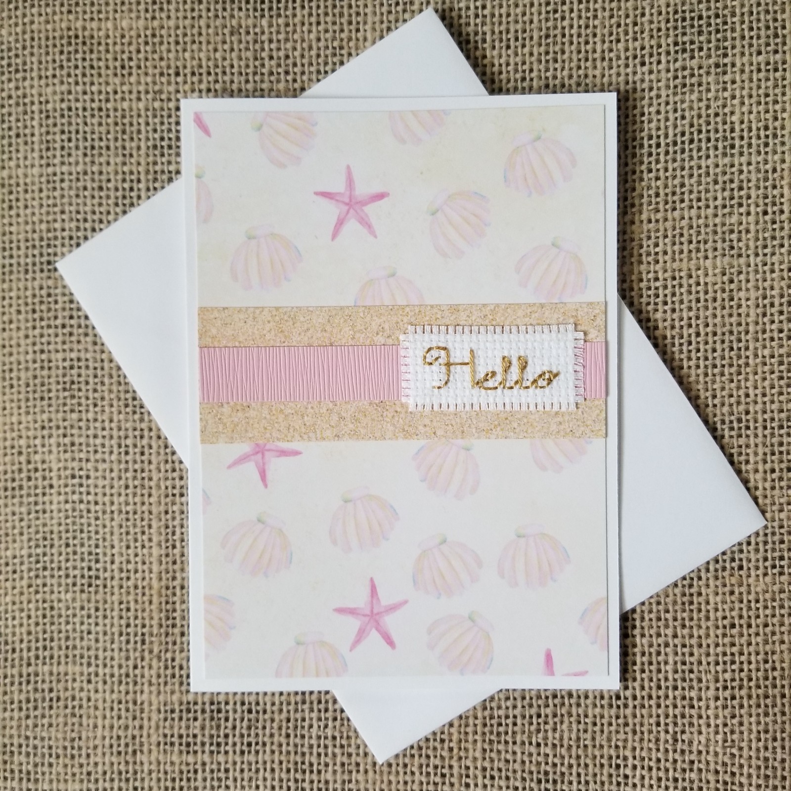 Finished Completed Cross Stitch Hello Beach Shells Blank Note Greeting Card