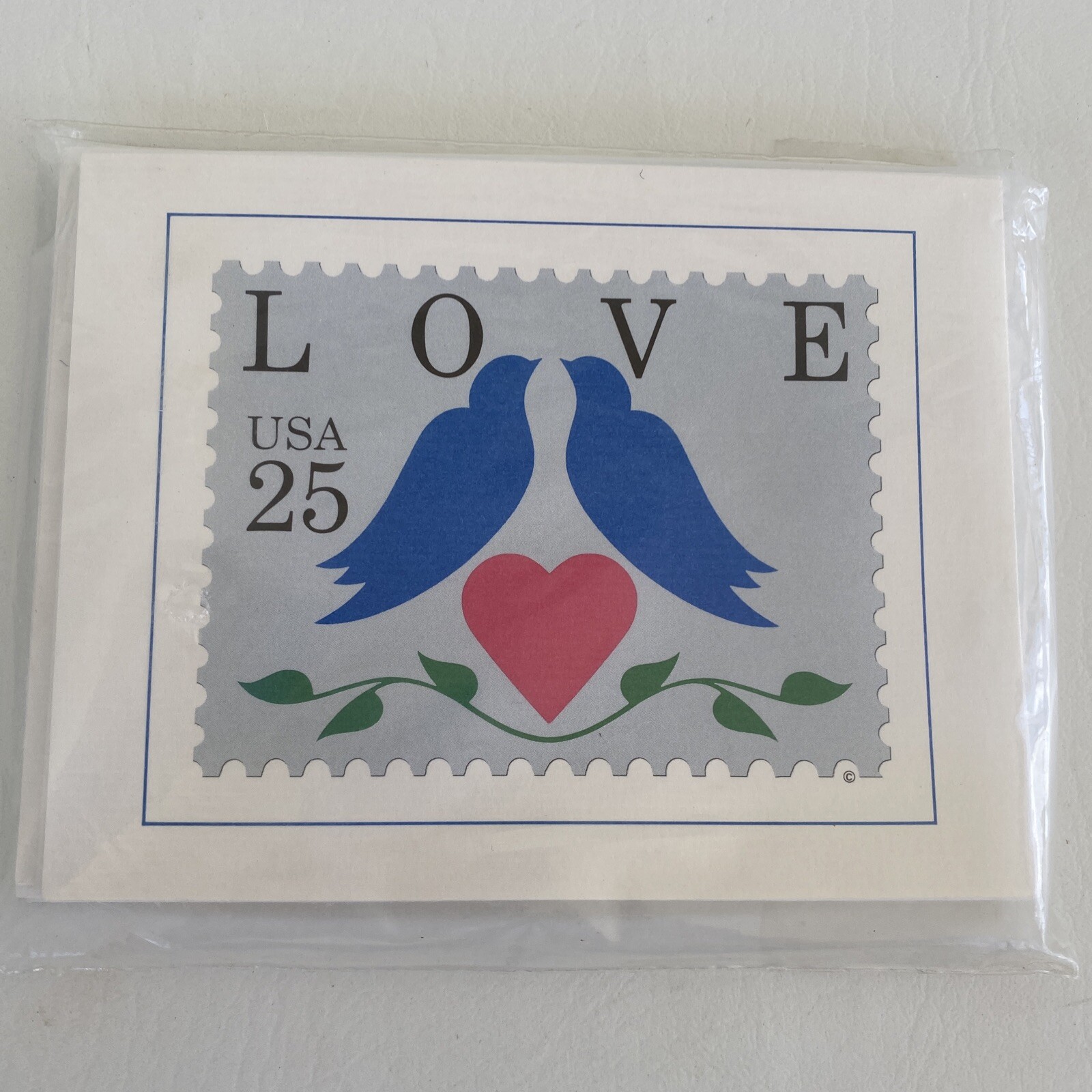 Vintage Lovebird “LOVE” Series of Postage Stamp Designs 8 Note Cards 8 Envelopes
