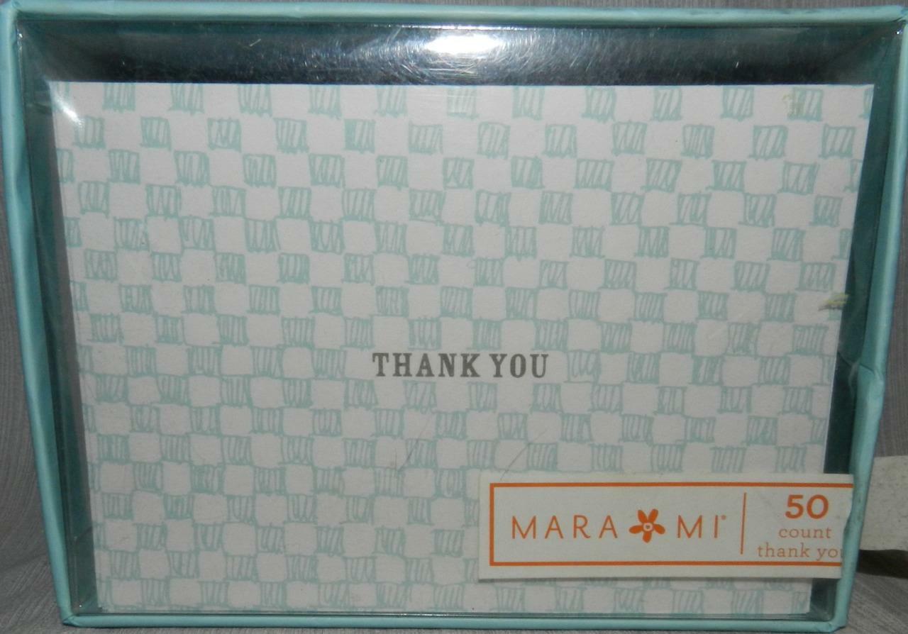 New Mara Mi Blank Thank You Notes with Envelopes 50 Count Lt Blue/White Checked