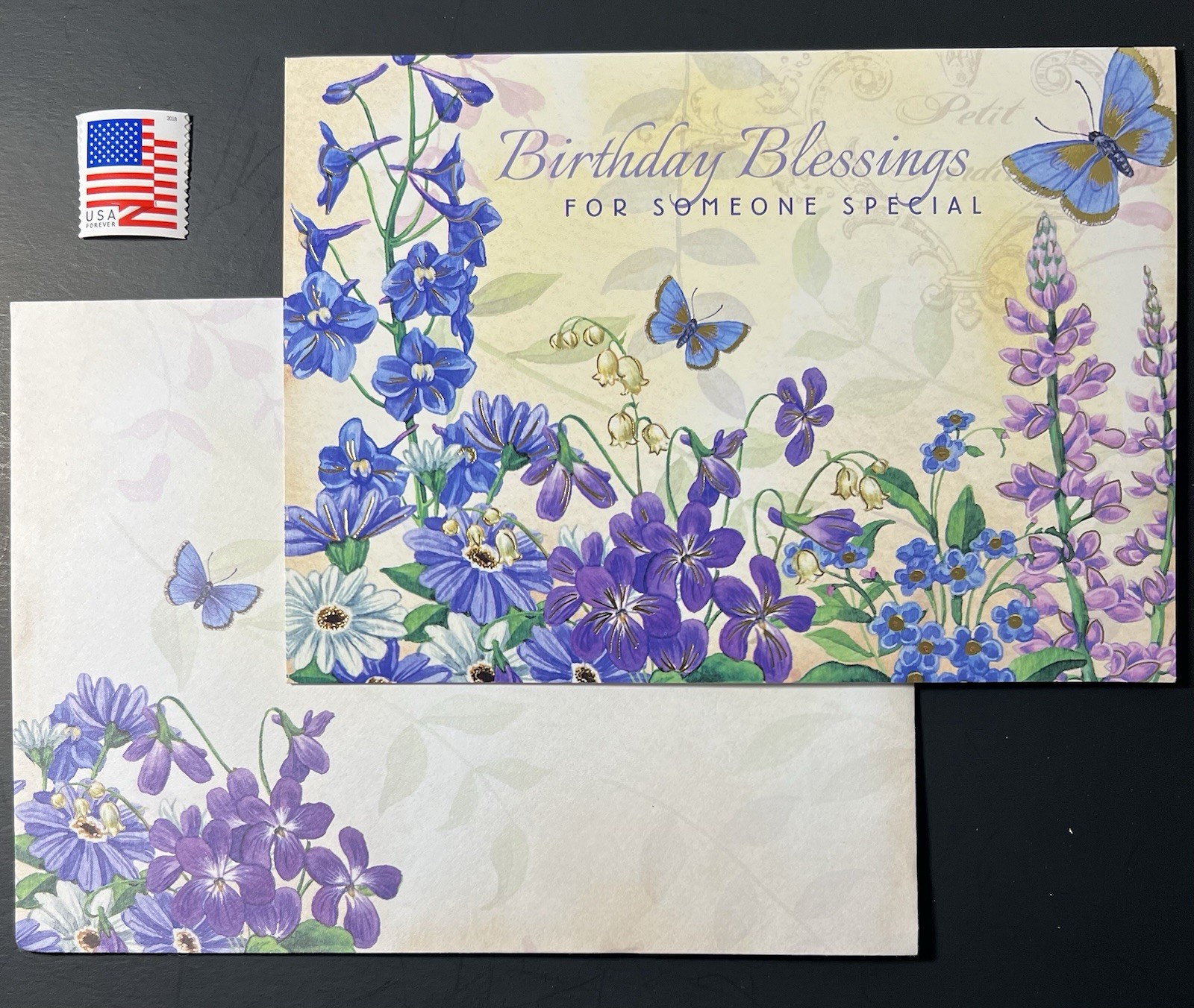 Blue/Purple Floral Gold Foil Birthday Blessings Card Env/Stamp BN Butterflies