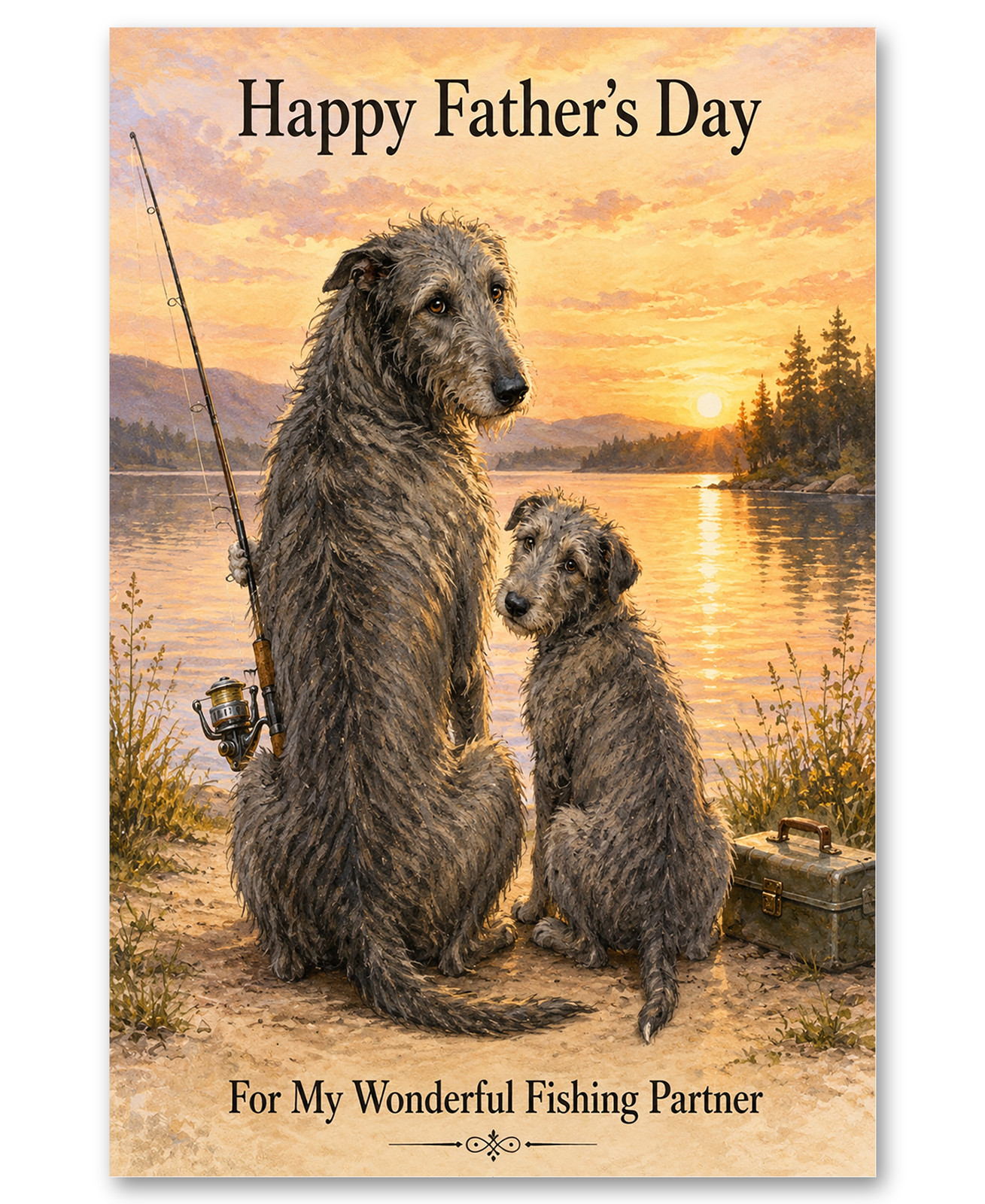 Scottish Deerhound Fishing at Sunset for Father’s Day