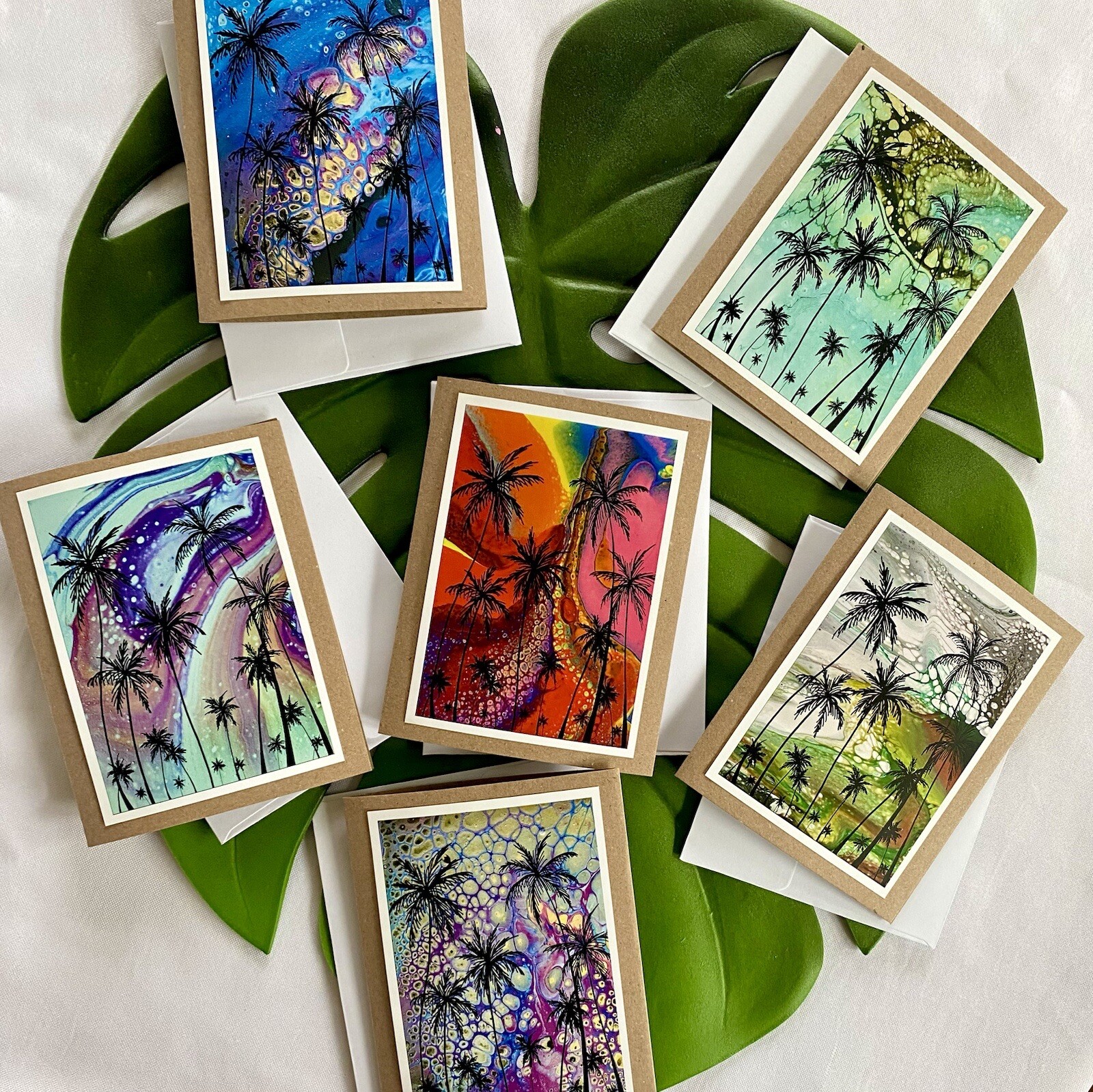 Set Of 6 Tropical Palm Tree Silhouette Sunset Greeting Cards Art Print