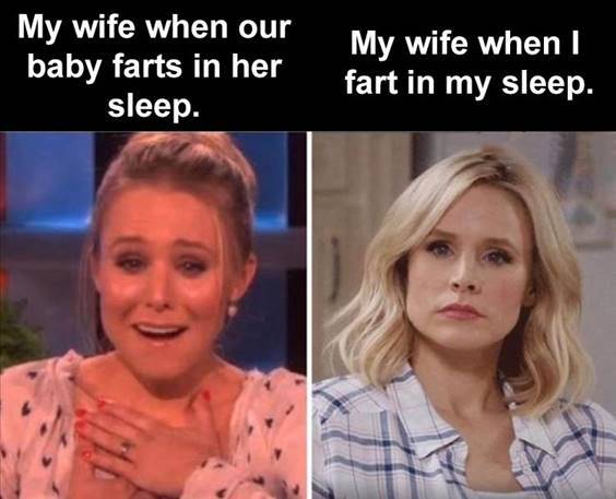 Top 55 Hilarious Funny Memes Of All Time - Funny Meme Jokes “My wife when our baby farts in her sleep. My wife when I fart in my sleep.”