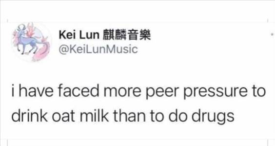 Top 55 Hilarious Funny Memes Of All Time - Top Ten Funniest Memes “I have faced more peer pressure to drink oat milk than to do drugs”