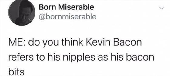 Top 55 Hilarious Funny Memes Of All Time - Most Hilarious Memes “Me: Do you think Kevin bacon refers to his nipples as his bacon bits”