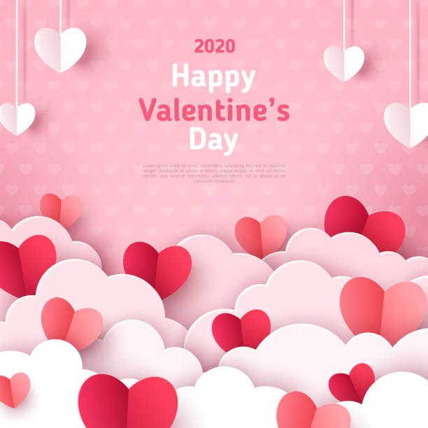 Paper cut hearts with white clouds Valentine s day