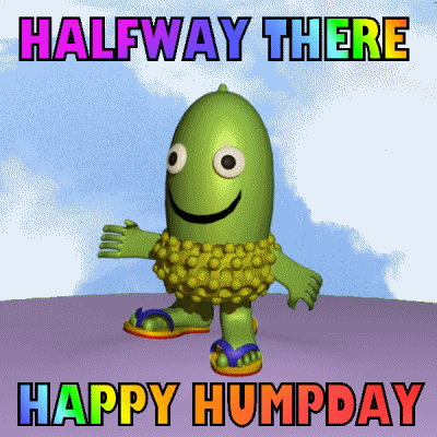 Cartoon gif. A green cucumber like figure grins as the hump on the ground under it rises and falls. Rainbow text flashes, Halfway there. Happy hump day. Cartoon gif. A green cucumber like figure grins as the hump on the ground under it rises and falls. Rainbow text flashes, Halfway there. Happy hump day.