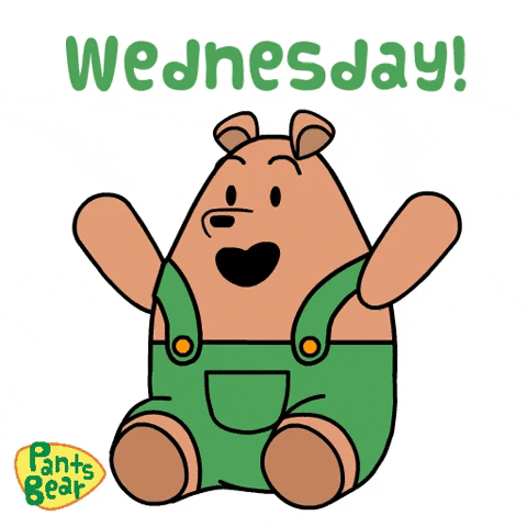 Cartoon gif. Pants Bear raises his arms excitedly and a red heart pops in front of his chest and floats up above his head. Text, Wednesday! Cartoon gif. Pants Bear raises his arms excitedly and a red heart pops in front of his chest and floats up above his head. Text, Wednesday!