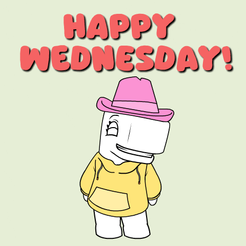 Illustrated gif. Whale wearing a pink hat and a yellow hoodie swings their hips happily, dancing, flanked by undulating confetti. Text, Happy Wednesday! Illustrated gif. Whale wearing a pink hat and a yellow hoodie swings their hips happily, dancing, flanked by undulating confetti. Text, Happy Wednesday!