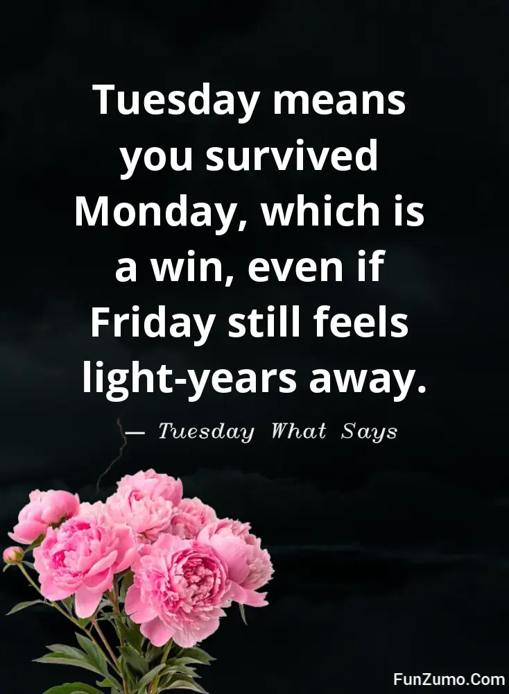 A funny Tuesday quote reading 'Tuesday means you survived Monday, which is a win, even if Friday still feels light-years away.' attributed to Tuesday What Says on a dark background with pink peonies.